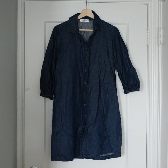 Amour Vert Denim Cotton Linen Casual Button Up Dress - Picture 1 of 3